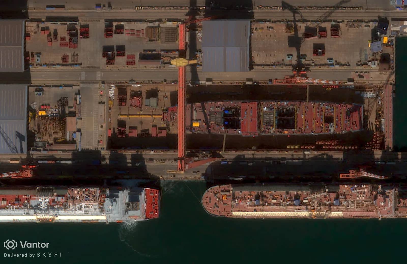 SkyFi satellite image of Dalian shipyard. February 2026 capture showing Type 004 hull with visible compartments