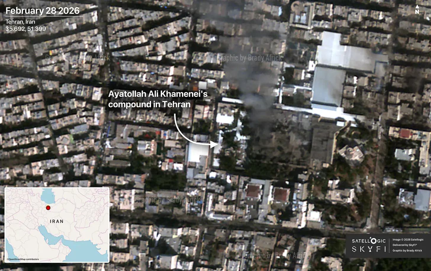 Satellogic satellite imagery of Khamenei compound damage in Tehran Iran February 28, 2026 delivered by SkyFi, annotated by Brady Africk
